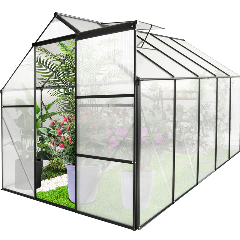 6X12 Ft Polycarbonate Greenhouse - All Season, Black With Sliding Door And Resistance Season Sloped Roof Plant Thriving Feature
