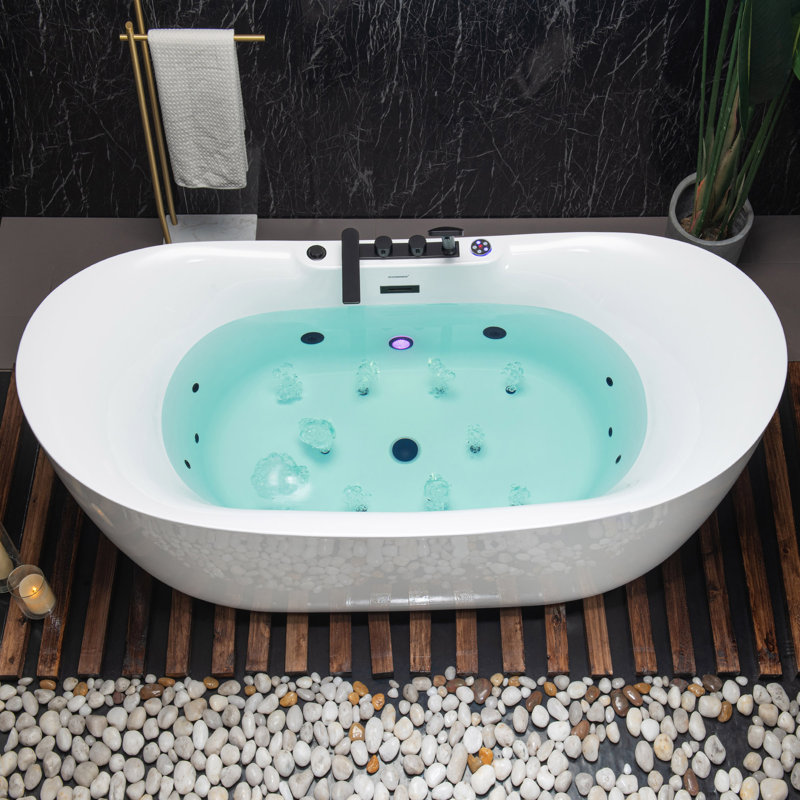 72" x 35.4" Whirlpool Water Jetted & Air Bubble Heated Soaking Combination Bathtub with Tub Filler, Matte Black