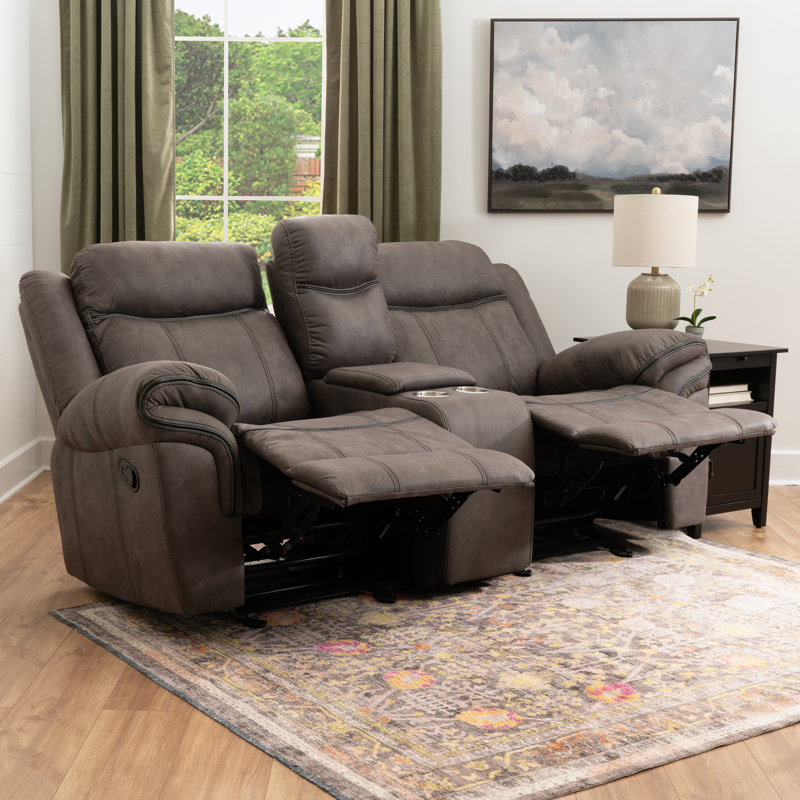 Precita Grey 76'' Wide Classic and Breathable Faux Leather Manual Reclining Loveseat Sofa with Center Console