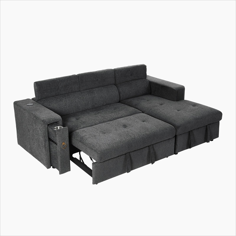 Pull-Out Sofa Bed L-Shape Sectional Sofa with Adjustable Headrest, Wireless Charging