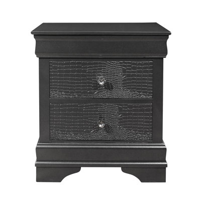 Table de chevet gris métallique avec décorations en cristal hypnotisantes de style Shaker gris, tiroir texturé et pieds
