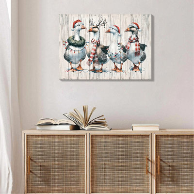 20X28 Inch Watercolor Canvas Of Vintage Ducks, Framed And Complement Traditional Living Room Decor Christmas Duck Wall Inch, With Natural Frame, Great For Hallway