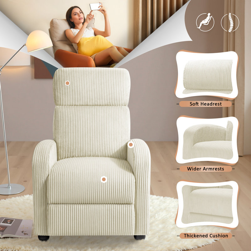 Manual Recliner, Comfortable Corduroy Recliner with Upholstered Back and Seat Cushion, Beige