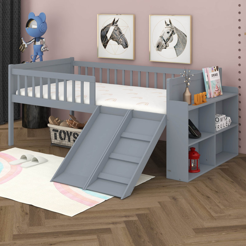 Twin Bed Frame With Storage Shelf, Wooden Bed Frame With Slide And Ladder, Gray