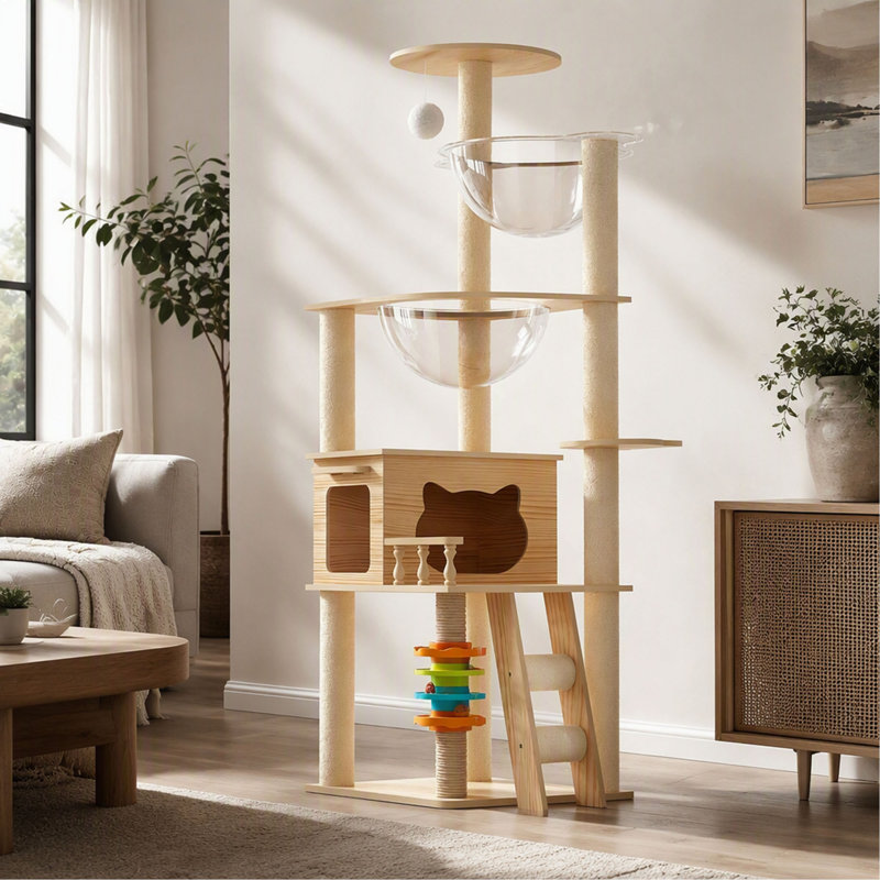 Arbre à chat, 150 cm, design moderne en bois pour chats d'intérieur avec poteaux à griffer recouverts de sisal, perchoir supérieur et hamac en acrylique