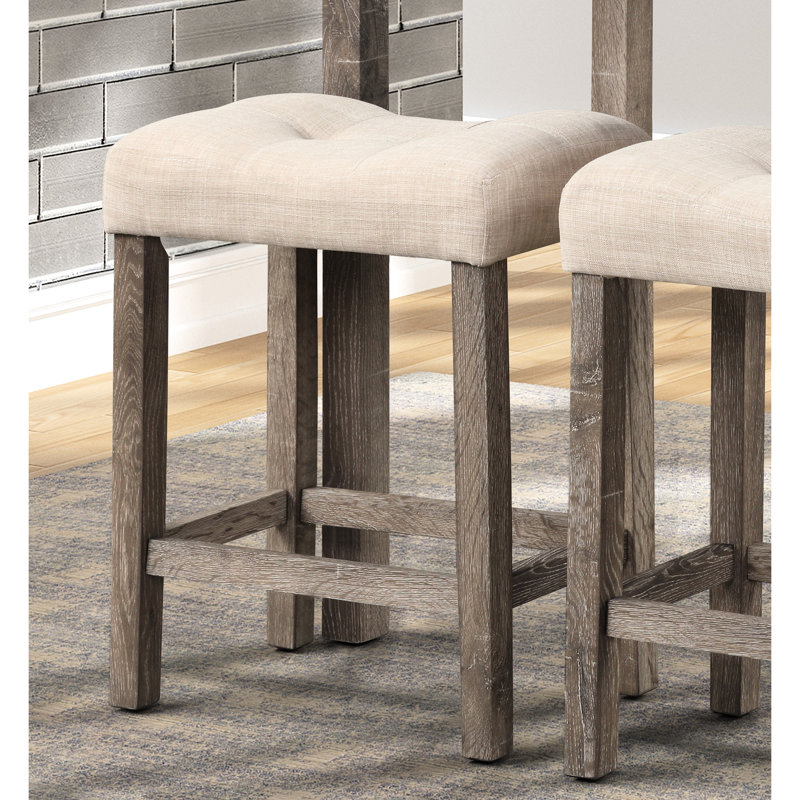 2 tabourets de hauteur comptoir en taupe, bouton avec rembourrage de siège et repose-pieds, 2 tabourets avec structure en bois massif, repose-pieds profilés taupe, bois d'hévéa