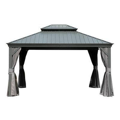 Pavillon de jardin à toit rigide 10 'x 14' avec double toit en acier galvanisé, cadre permanent en aluminium avec rideaux et filet pour patio