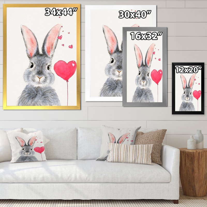Adorable lapin gris moelleux avec cœur rouge - reproduction sur toile, H 40 po x l 30 po x P 1,5 po, Cadre photo argenté