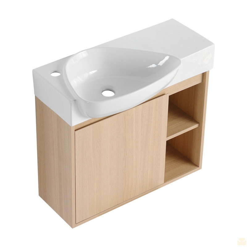 26'' Wall-Mounted Bathroom Vanity With White Ceramic Sink & Soft-Close Door, Oak, 26"
