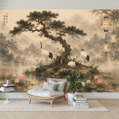 Wall Mural Peel and Stick Wallpaper Tranquil Japanese Garden Scene Pine Tree Cranes Lotus Flowers Paper Self-Adhesive Removable Contact Paper Wall Decor for Living Room Bedroom 100"H x 144"W