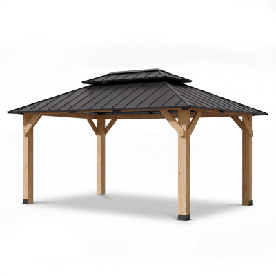 12x16 FT Solid Wood Outdoor Gazebo, Heavy Duty Metal Party Tent with Double-Tier Ventilated Roof, Suitable for Deck, Lawn