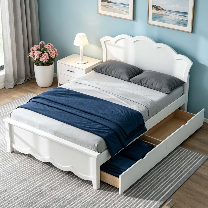Lit plateforme simple en bois avec tête de lit festonnée et 2 tiroirs de rangement sous le lit, structure de lit en bois massif blanc, aucun sommier nécessaire, capacité de 400 lb pour les enfants / adultes