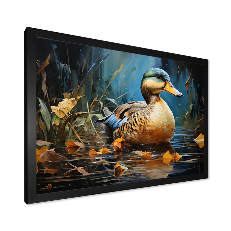 Canard bleu baroque élégance III - Art mural animaux de canard, Cadre d'angle fermé noir, H 30 po x l 40 po x P 1,5 po