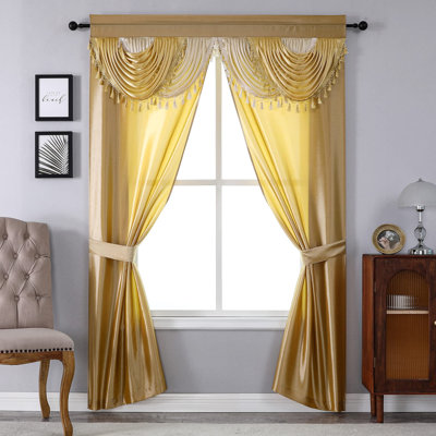 Curtains 5-Piece Window Curtain Set - 54-Inch W X 84-Inch L Panels With Attached Valance And 2 Tiebacks - Bedroom Curtains And Living Room Curtains (Gold)
