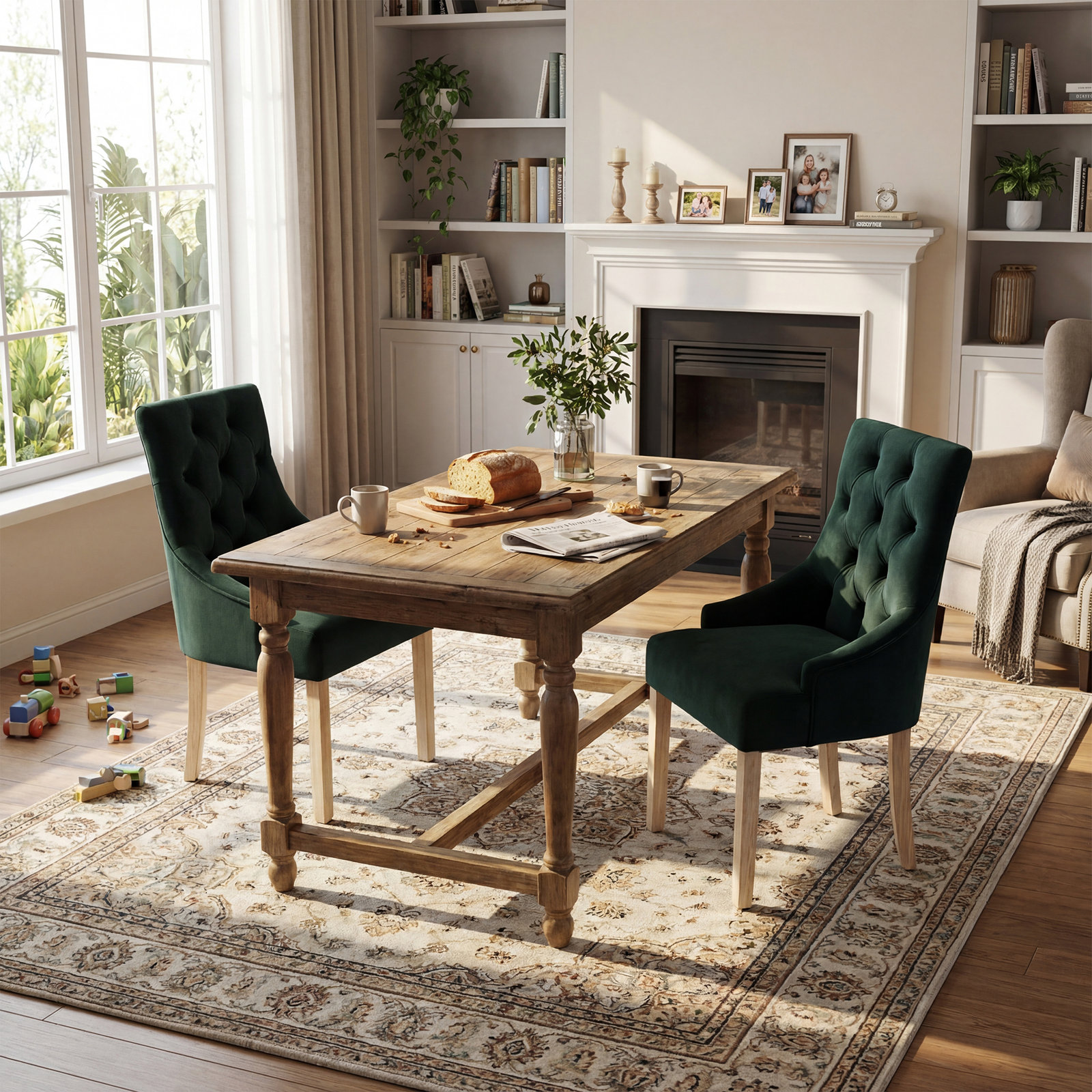 Button-tufted Wing Back Upholstered Dining Chair Side Chair (set Of 2), Green Polyester Blend