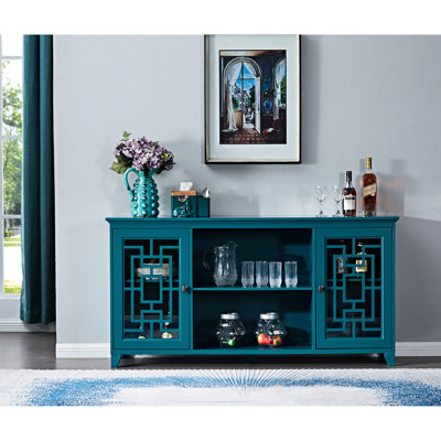 Buffet 60 po, pieds en bois massif, tablettes réglables, buffet bleu sarcelle, construction