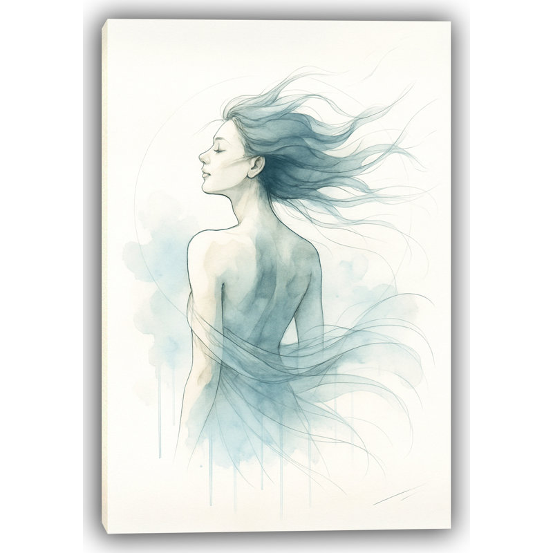 Vents de sérénité - aquarelle de cheveux qui coule et expression calme, H 24 po x l 16 po