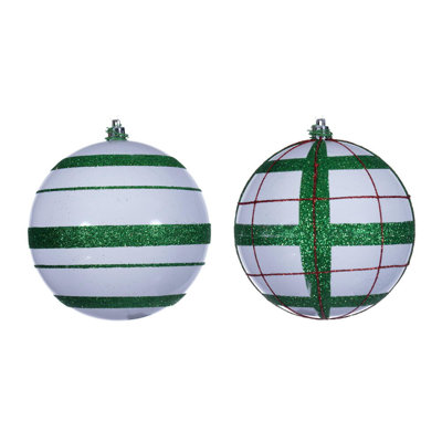 Glitter Ornament Assortment. 2 plaid, and 2 horizontal stripes.