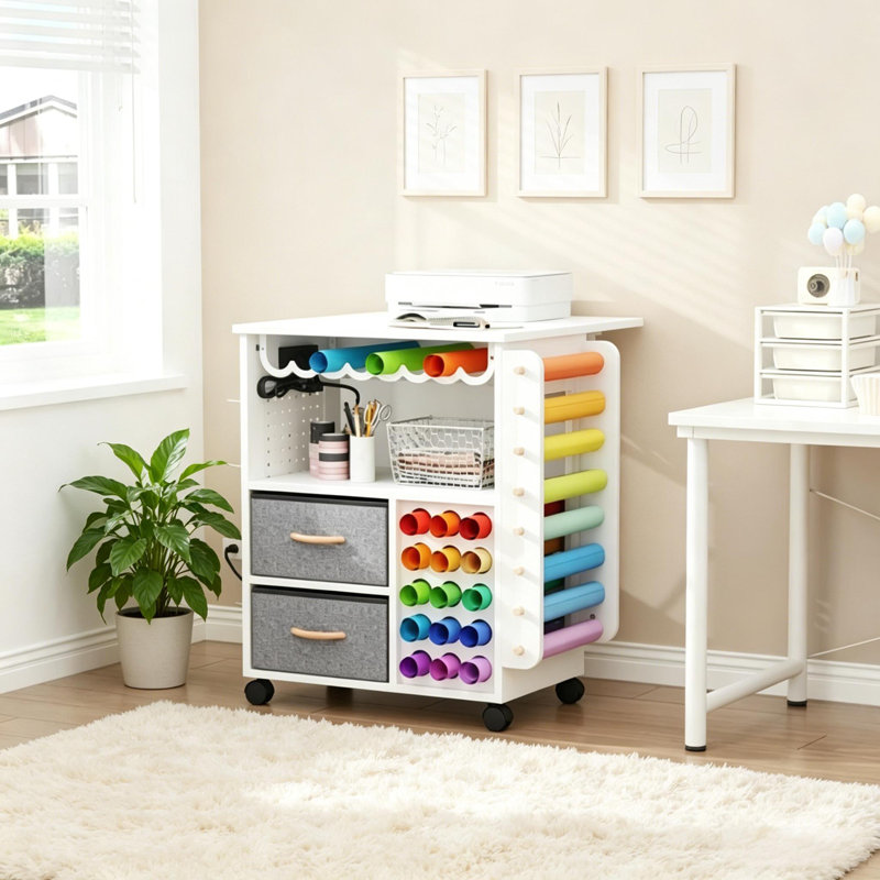 Armoire de rangement pliable pour table de bricolage 23,6 po x 23,6 po avec porte-rouleau en vinyle et roulettes