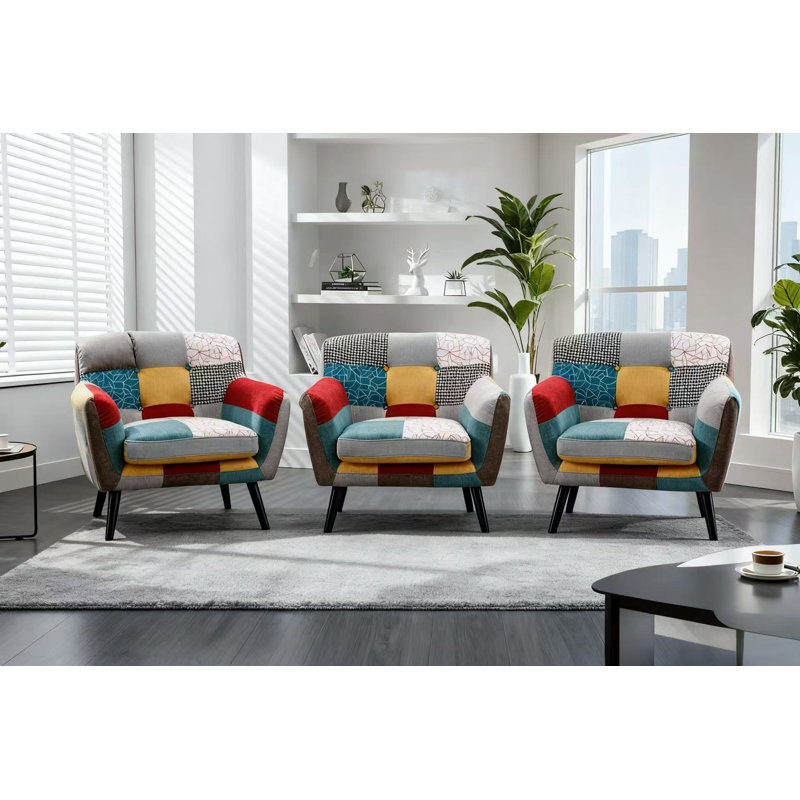 Fauteuil d'appoint moderne en lin à motif patchwork de 33,1 po avec siège rembourré Orleans
