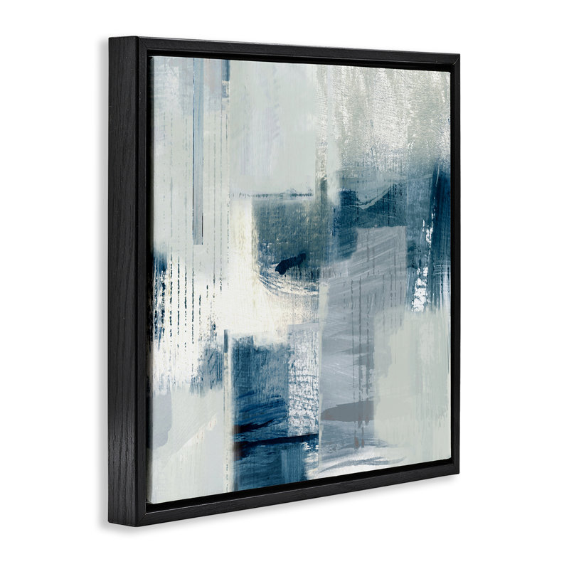 Abstraction délavée avec des bleus, Cadre flottant noir de jais, H 18 po x l 18 po