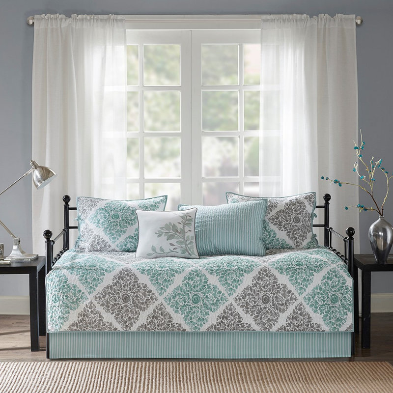 Housse de lit de jour - 6 pièces pour lit simple réversible, 3 taies décoratives, 1 coussin décoratif, housse, aspect moderne et frais