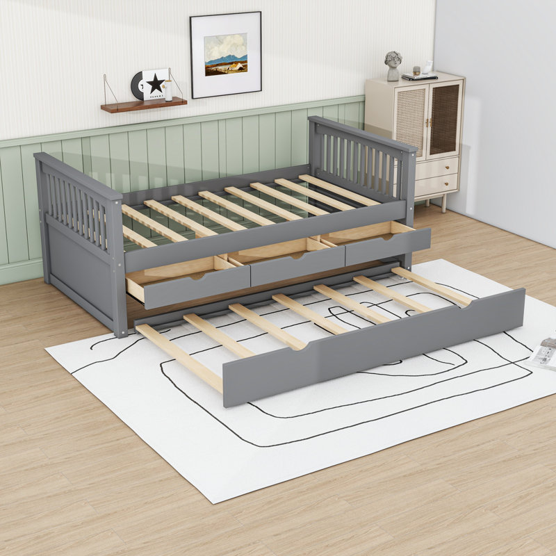 Wood Daybed with Drawers and Trundle, Gray