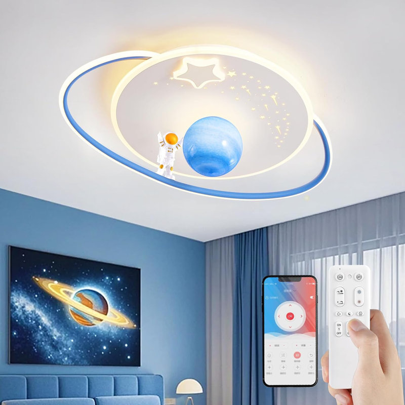 Flush Mount Lighting LED Modern Design Astronaut Ceiling Light Dimmable With Remote Control, Star, Blue