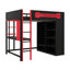 Lit mezzanine double avec bureau et garde-robe, lit mezzanine en bois avec espaces de rangement et éclairage intégré-589858878