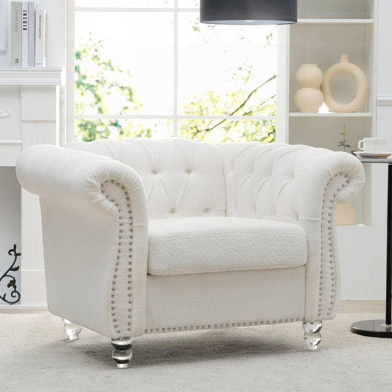 1 Seater Sofa For Living Room, 28.35" H x 38.98" L x 32.09" D, White Teddy Velvet