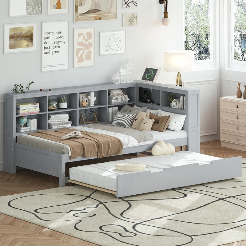 Lit de jour simple en bois avec lit gigogne, tablette de rangement et ports de charge USB pour plus de commodité et de confort moderne