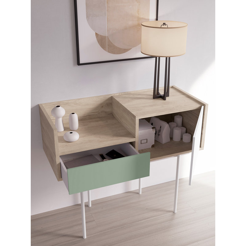 Amesfield 98cm Console Table, White, Light Oak/Green/White, 84cm x 98cm x 42cm