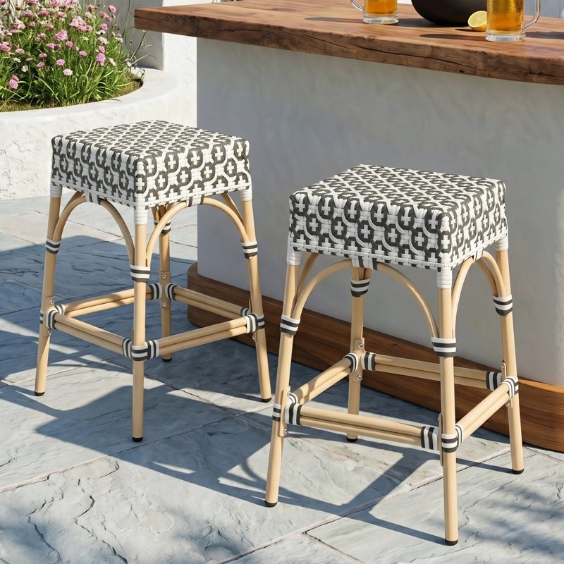 Tabourets de bar en polyuréthane tissé Coastal, Noir / blanc