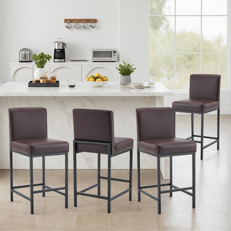 Barstools Set of 6, Counter Height Bar Stools With Back Support, Faux Leather, Metal Legs, Upholstered Seat Cushion Modern Barstool, Use For Kitchen Island Home Bar