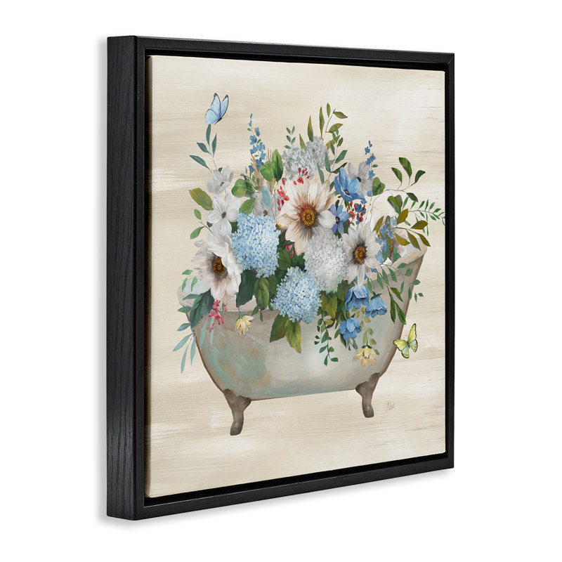 "Floral Bouquet Bath", art mural encadré flottant doré par Nan, Cadre flottant noir de jais, H 18 po x l 18 po