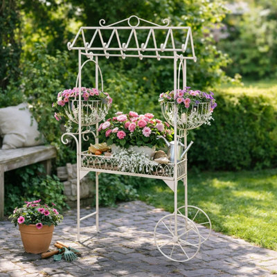 Support pour plante à fleurs, 2 paniers et plateau central, fer blanc 55 po