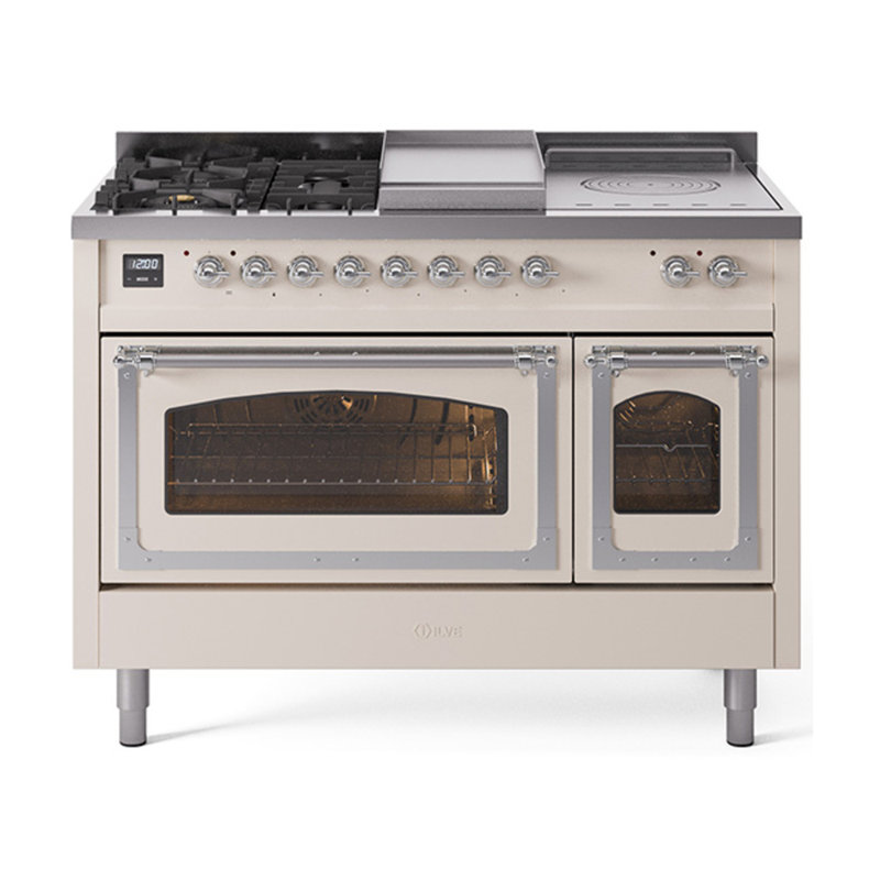 ILVE Nostalgie II Noblesse 48 inch Dual Fuel Range (5 Sealed Burners + Griddle + French Top, Triple Glass Door), Chrome