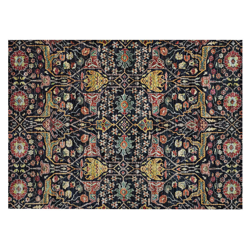 Black Rectangular Synthetic Washable Indoor/Outdoor Rug