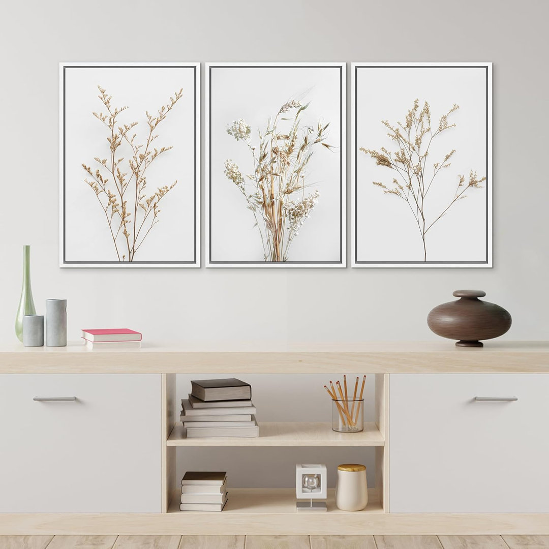 Wildflower Floral Botanical Neutral Boho Minimalist Framed Canvas 3 Pieces Pictures Print Wall Art IDEA4WALL Frame 