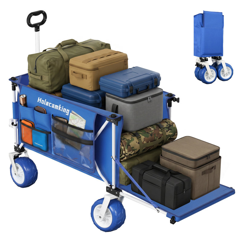 Chariot de plage pliable 360L avec hayon extensible 58 po, chariot en acier robuste avec roues tout-terrain de 9 po et freins doubles, bleu