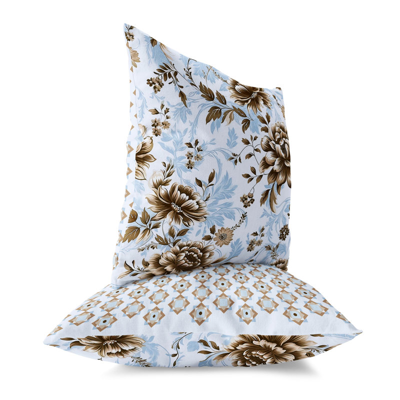 Coussin décoratif intérieur / extérieur Nature's Canvas Floral, H 20 po x l 20 po, Bleu / motif floral brun
