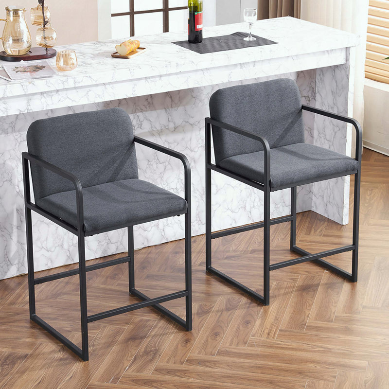 Ensemble de 2 tabourets de bar à hauteur de comptoir - Tissu gris foncé - Structure en métal - Accoudoirs