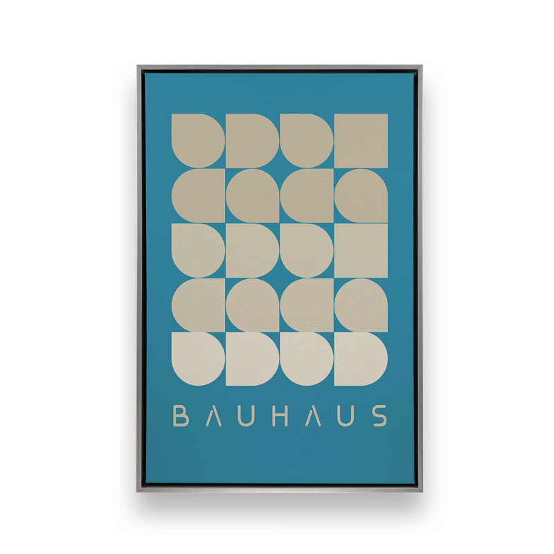 Teal and Cream Bauhaus Geometry, 12.75" H x 8.75" W x 1.75" D, Polished Chrome Floater Framed