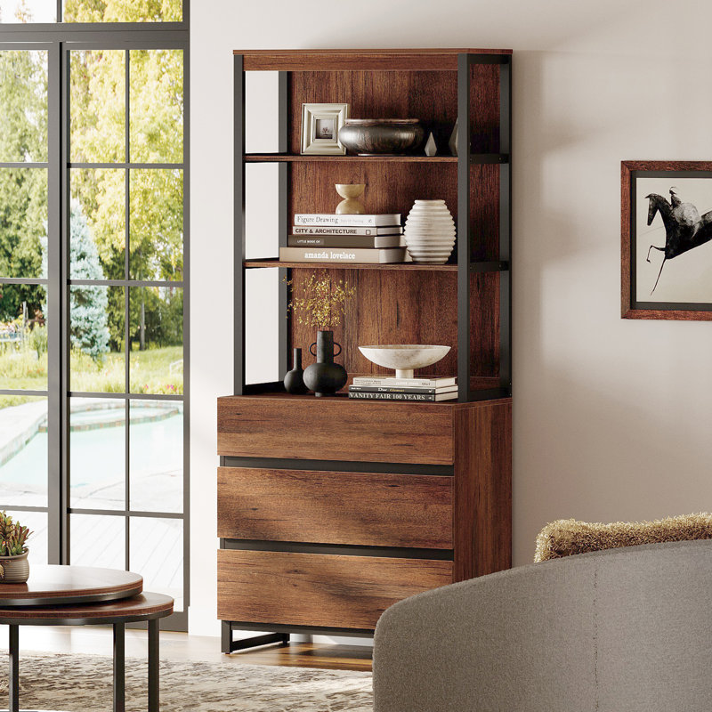 Aadam  Modern 72" Tall Bookcase With 3 Drawers And Open Book Shelfs, Library Book Shelf With Storage Cabinet, Wood Freestanding Bookshelf For Home Office, Living Room, 