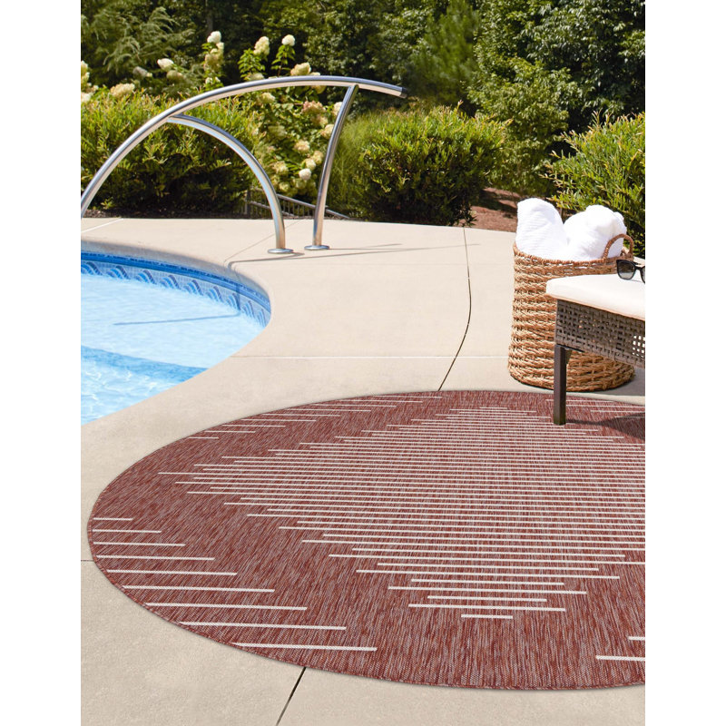 Tapis intérieur / extérieur rayé en polypropylène tissé à la machine en rouge clair, Rond 10 pi 8 po
