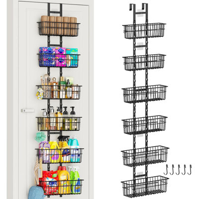 Le support de rangement derrière la porte, support de rangement réglable derrière la porte, est livré avec 6 paniers en maille métallique et 5 crochets, convenant pour organiser les articles derrière les portes en métal dans les garde-manger, les placards, les chambres à coucher, les salles de bain, les armoires, les cuisines et la lessive chambres,