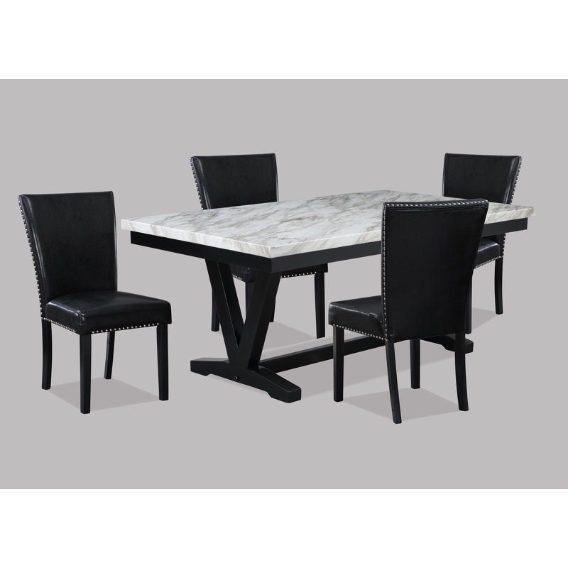 Chanay Lucius White/Black Faux Marble Modern Wood And Veneers Dining Room Set, 5 Pieces