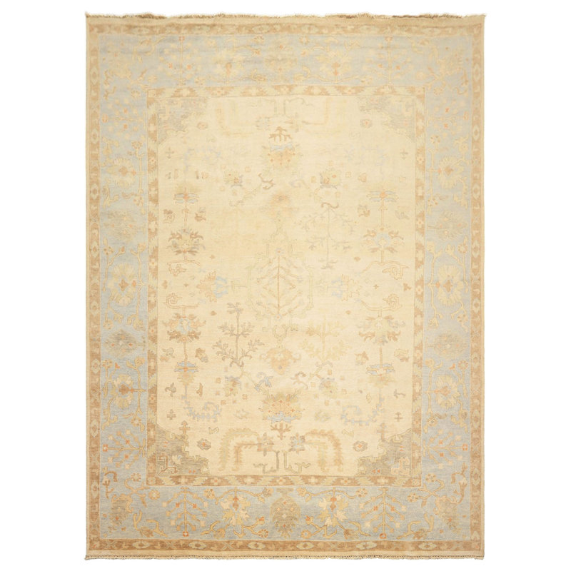 Tapis transitionnel beige en laine noué à la main 8 pi 7 po x 11 pi 8 po Oushak