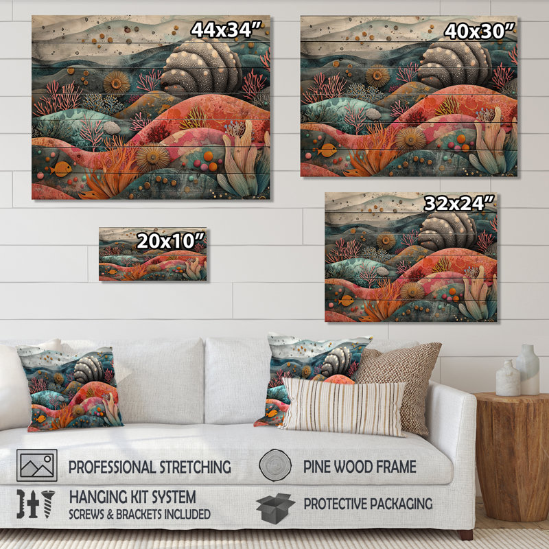 Abstrait aquarium, horizon d'oursin et corail - impression sur bois d'oursin - sur bois de pin naturel