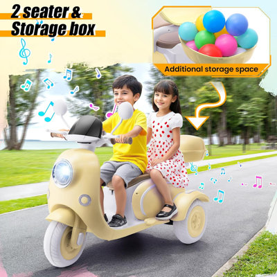 Motocyclette électrique pour enfants de 12 V, 2 roues à 3 roues, USB, musique, klaxon, lumière, grande boîte de rangement, motocyclette électrique idéale pour les enfants de 3 ans et plus